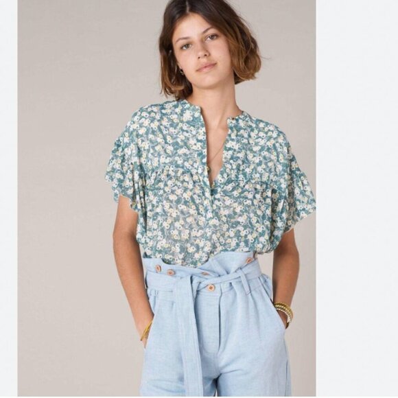 SESSUN GOKO PRINT RUFFLE FLORAL POPOVER FLOWY BLOUSE IN GREEN - Picture 1 of 9